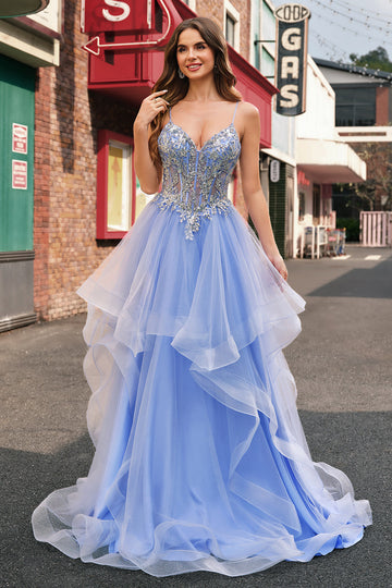 Sparkly Light Blue A Line Spiral Ruffles Sequin Long Ball Dress